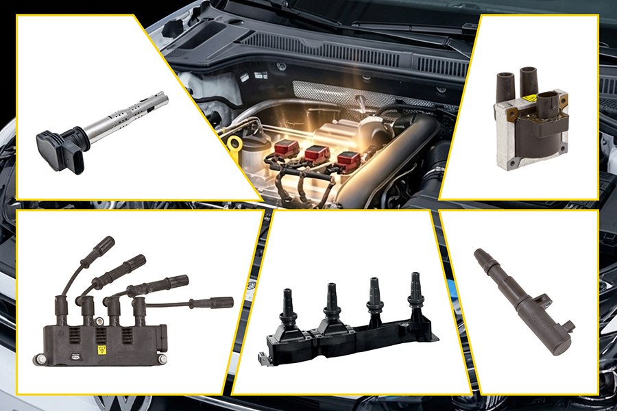 OE-tændspoler på motor og forskellige aftermarket-typer: pencil, standard, plug top og coil near plug